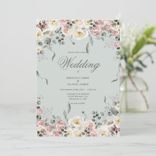 Elegant Pink Bliush Ivory Floral Wedding Invitation
