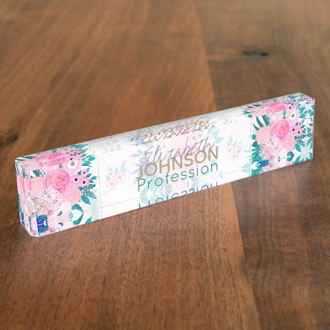 Elegant Pink Bloom Floral Pattern Nameplate (Side)