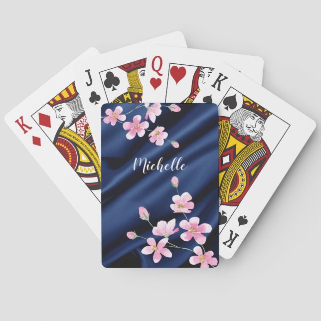 Elegant Pink Blossom Blue Satin Personalised   Playing Cards (Back)