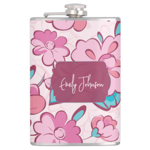 Elegant Pink Blossom Custom Name Floral Design Hip Flask