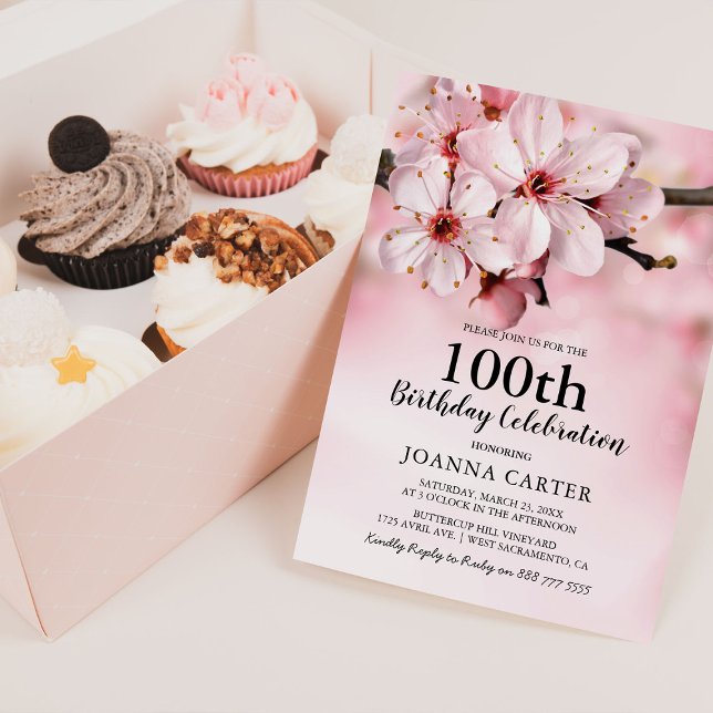 Elegant Pink Blossom Floral | 100th Birthday Invitation (Creator Uploaded)
