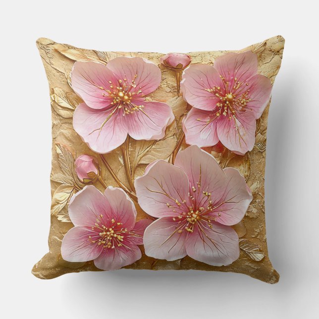 Elegant Pink Blossoms on Gold Texture Cushion (Front)