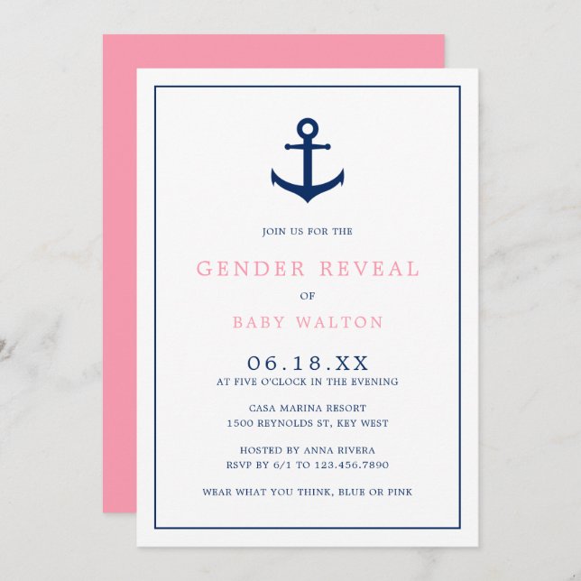 Elegant Pink Blue Anchor Nautical Gender Reveal Invitation (Front/Back)