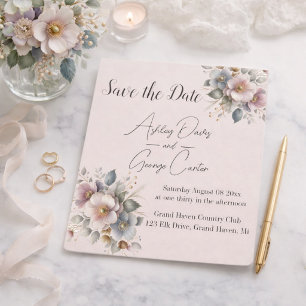 Elegant pink, blue, and cream floral wedding save the date