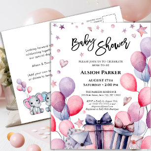 Elegant Pink Blue Balloons Stars Colour Baby Showe Invitation Postcard