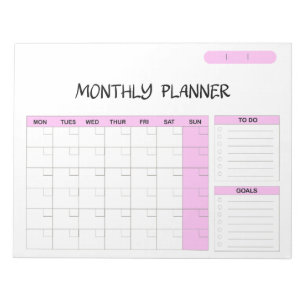 Elegant Pink Blue Blank Monthly Calendar Planner Notepad