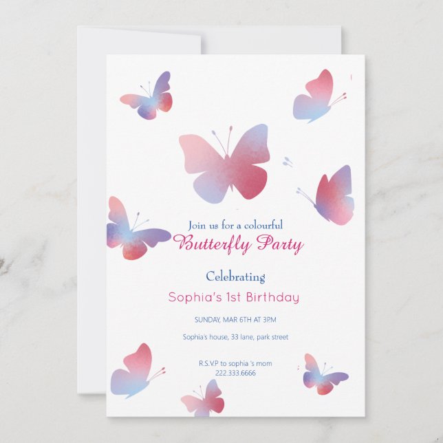Elegant Pink Blue Butterfly 1st Birthday  Invitation (Front)