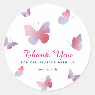 Elegant Pink Blue Butterfly Birthday Classic Round Sticker