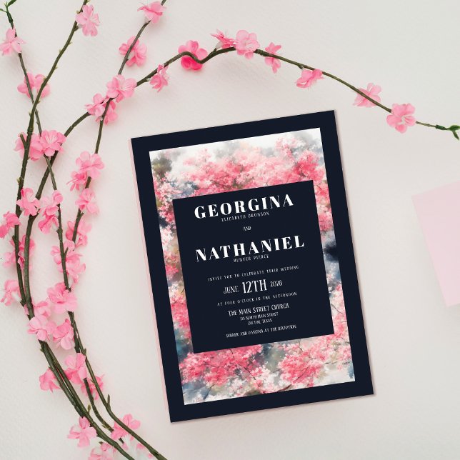 Elegant Pink Blue Cherry Blossom Floral Wedding Invitation (Creator Uploaded)