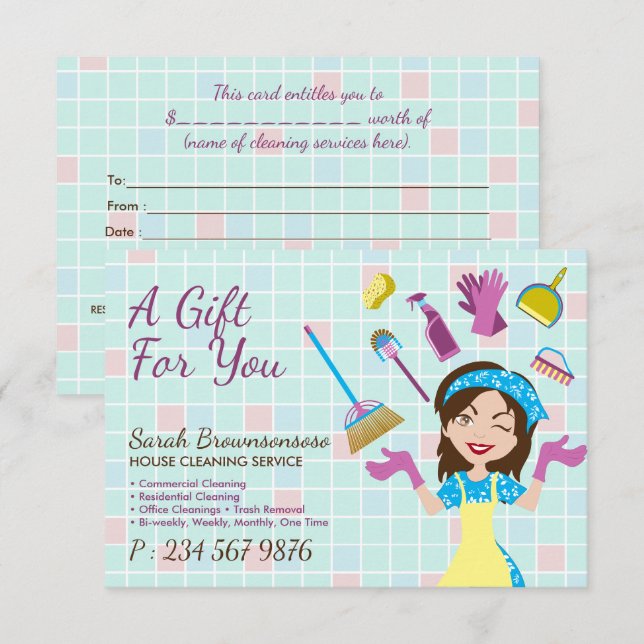 Elegant Pink Blue Cleaning Cute Maid Janitorial (Front/Back)