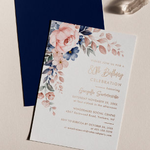 Elegant Pink Blue Floral 80th Birthday Party Gold