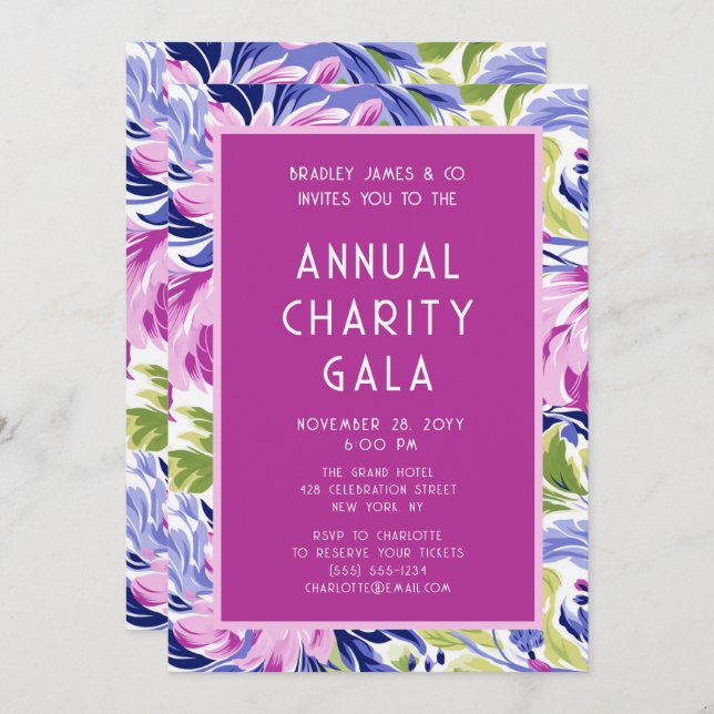 Elegant Pink Blue Floral Charity Event Gala Party Invitation (Front/Back)