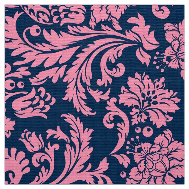 Elegant Pink & Blue Floral Damasks Fabric (Swatch)
