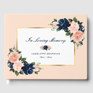 Elegant Pink Blue Floral Funeral Memorial Guest Book