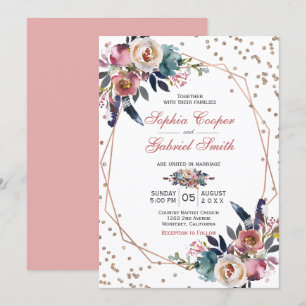 Elegant Pink Blue Floral   Gold Frame Wedding Invitation