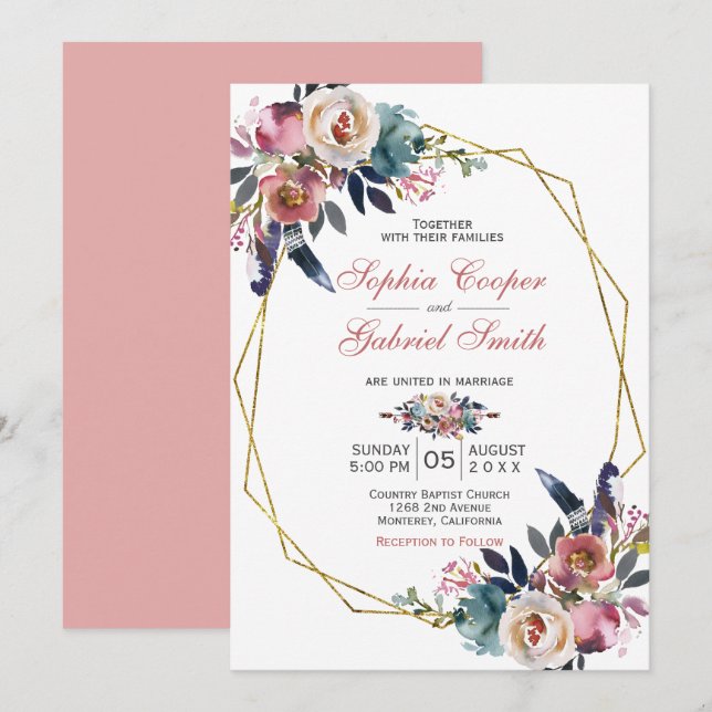 Elegant Pink Blue Floral | Gold Frame Wedding Invitation (Front/Back)
