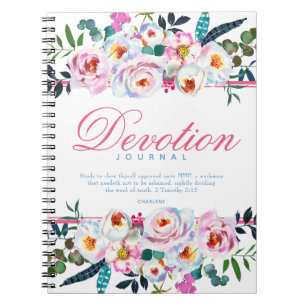Elegant Pink Blue Floral Named Devotion Journal