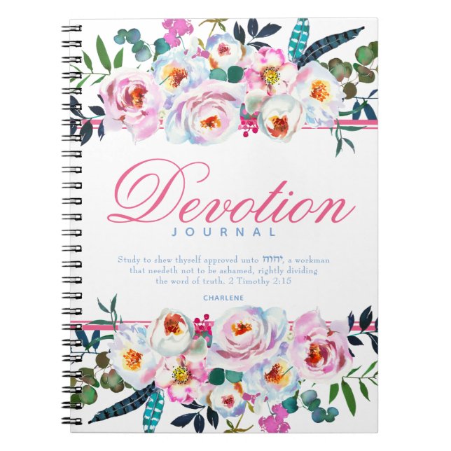 Elegant Pink Blue Floral Named Devotion Journal (Front)