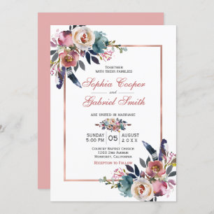 Elegant Pink Blue Floral   Rose Gold Frame Wedding Invitation