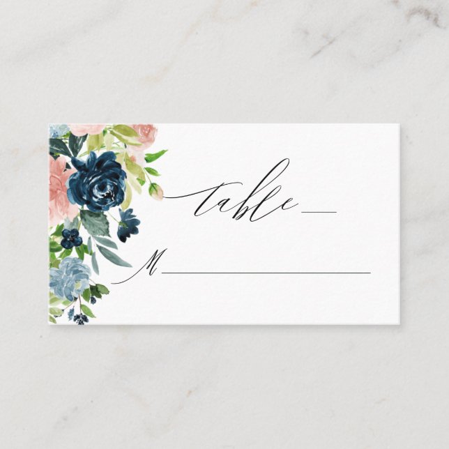 Elegant Pink Blue Floral Script Monogram Wedding Place Card (Front)