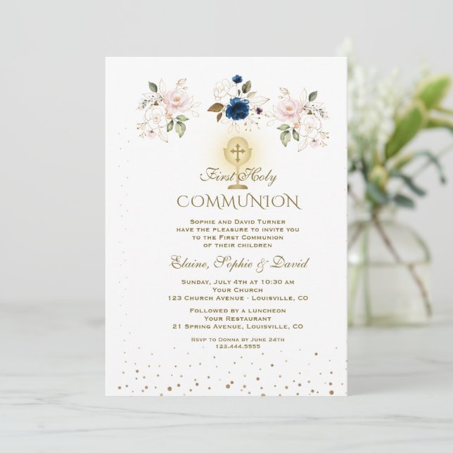 Elegant Pink Blue Floral Triplets Holy Communion Invitation (Standing Front)