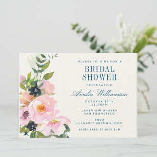 Elegant Pink Blue Floral Watercolor Bridal Shower  Invitation