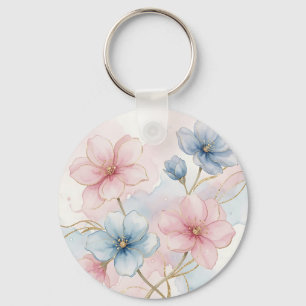 Elegant Pink Blue Floral Watercolor Key Ring