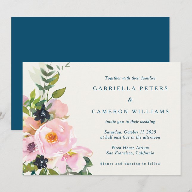 Elegant Pink Blue Floral Watercolor Modern Wedding Invitation (Front/Back)