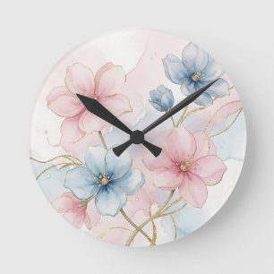 Elegant Pink Blue Floral Watercolor Round Clock