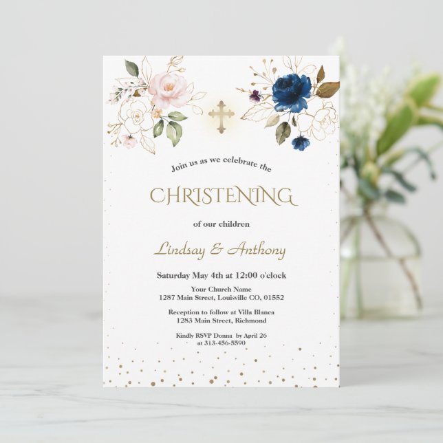 Elegant Pink Blue Gold Floral Twins Christening  Invitation (Standing Front)