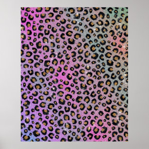 Elegant Pink Blue Gold Glitter Black Leopard Print