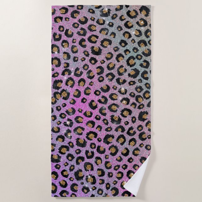 Elegant Pink Blue Gold Glitter Black Leopard Print Beach Towel (Front)
