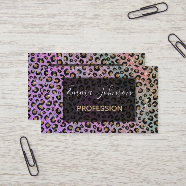 Elegant Pink Blue Gold Glitter Black Leopard Print Business Card (Front/Back In Situ)