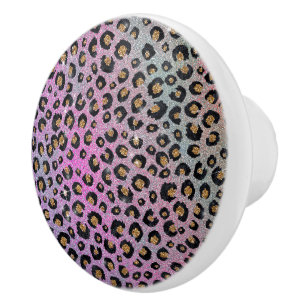 Elegant Pink Blue Gold Glitter Black Leopard Print Ceramic Knob