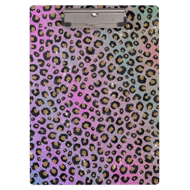 Elegant Pink Blue Gold Glitter Black Leopard Print Clipboard (Front)