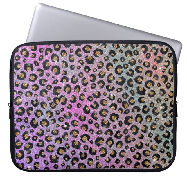 Elegant Pink Blue Gold Glitter Black Leopard Print Laptop Sleeve (Front)