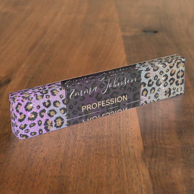 Elegant Pink Blue Gold Glitter Black Leopard Print Nameplate (Side)