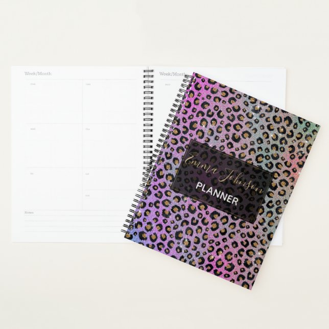 Elegant Pink Blue Gold Glitter Black Leopard Print Planner (Display)