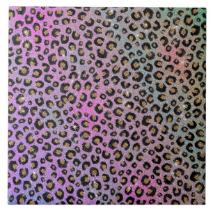 Elegant Pink Blue Gold Glitter Black Leopard Print Tile