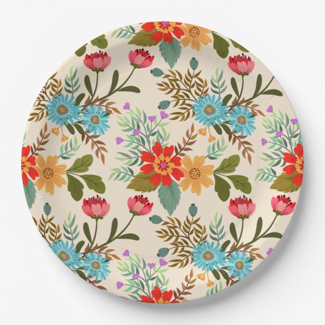 Elegant Pink Blue Green Floral Leaves Pattern  Paper Plate (Front)