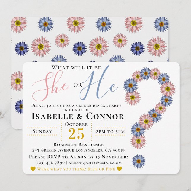 Elegant Pink Blue He or She Floral Gender Reveal Invitation (Front/Back)