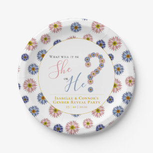 Elegant Pink Blue He or She Floral Gender Reveal Paper Plate