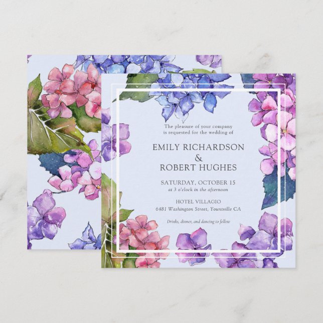 Elegant Pink Blue Hydrangea Floral Wedding Invitation (Front/Back)