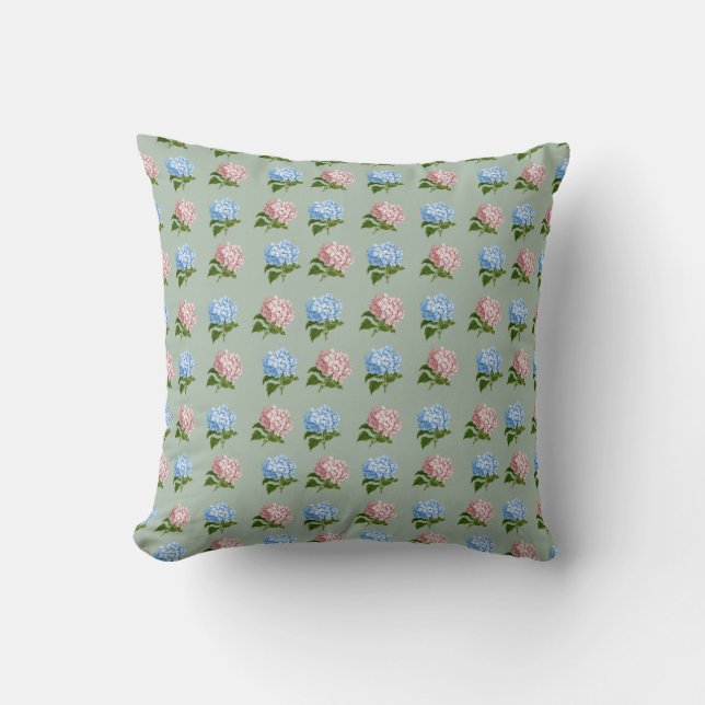 Elegant Pink & Blue Hydrangea Pattern Cushion (Front)