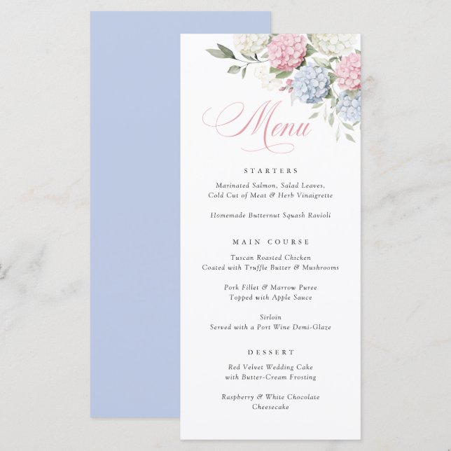 Elegant Pink & Blue Hydrangea Wedding Menu (Front/Back)