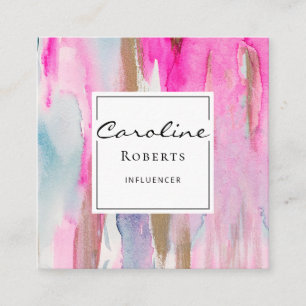 Elegant Pink Blue Modern Brushstrokes Watercolors Square Business Card
