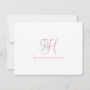 Elegant Pink Blue Monogram Flat Note Card