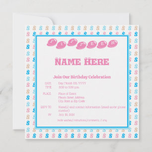 Elegant Pink Blue Monogrammed Fun Letter Pattern Invitation