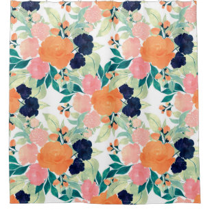 Elegant Pink Blue & Orange Floral Watercolor paint Shower Curtain