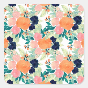 Elegant Pink Blue & Orange Floral Watercolor paint Square Sticker
